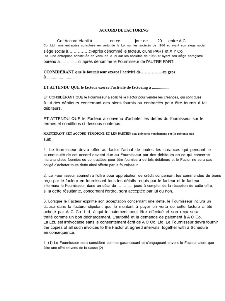 Accord de Factoring entre A C Co. et X Y Co. | PDF | Débiteur | Facture
