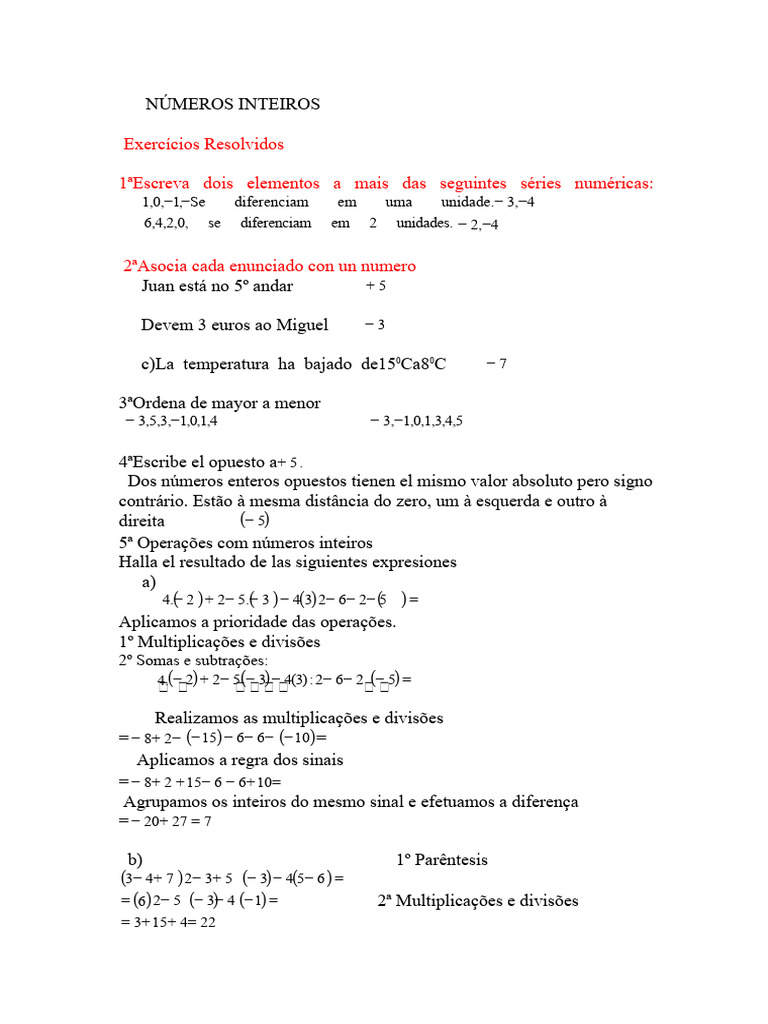 Exercícios de Números Inteiros Resolvidos | PDF | Número inteiro ...