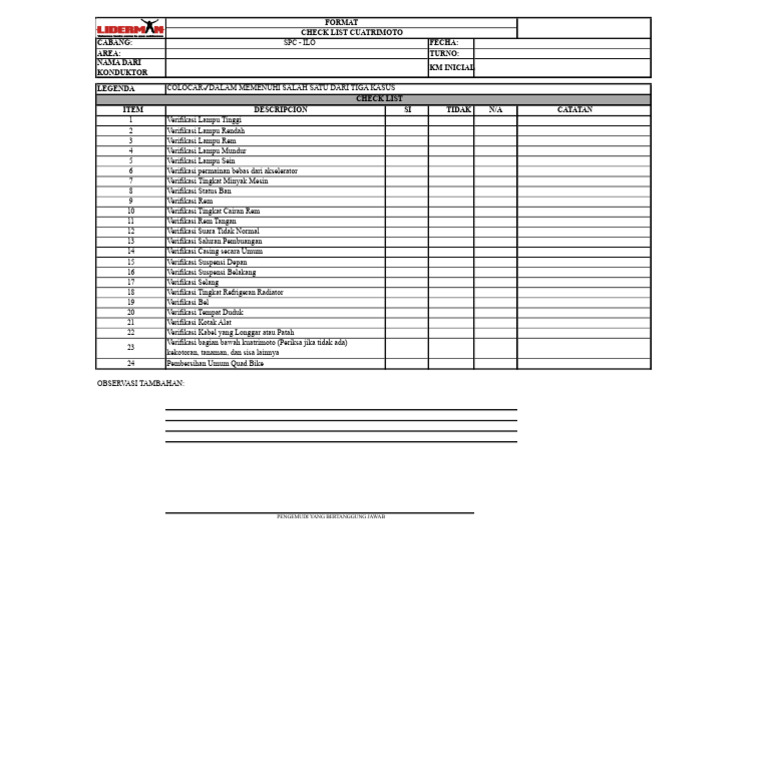Checklist Pemeliharaan Cuatrimoto | PDF