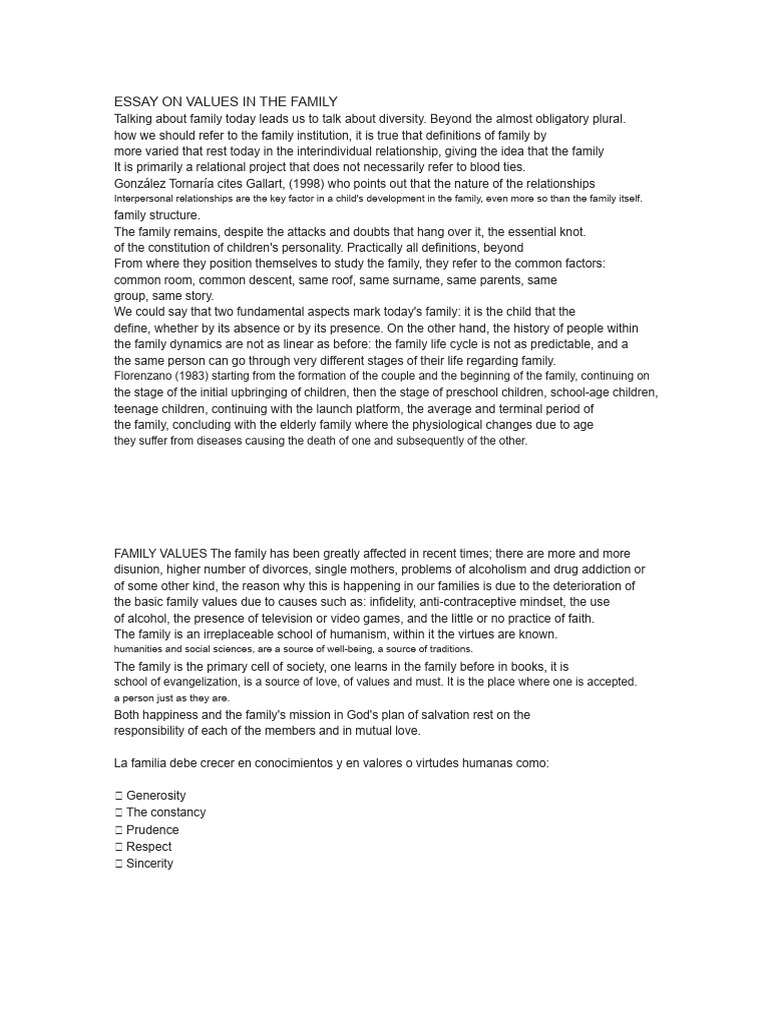 Essay On Values in The Family | PDF | Family | Virtue