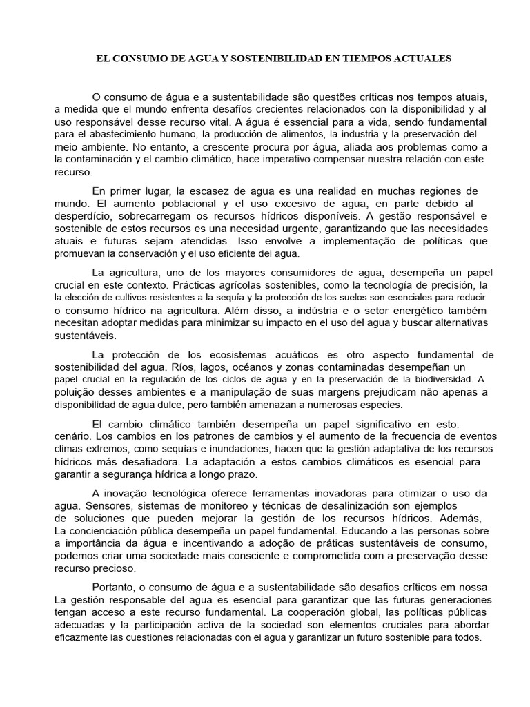 El Consumo de Agua y Sostenibilidad en Tiempos Actuales | PDF ...
