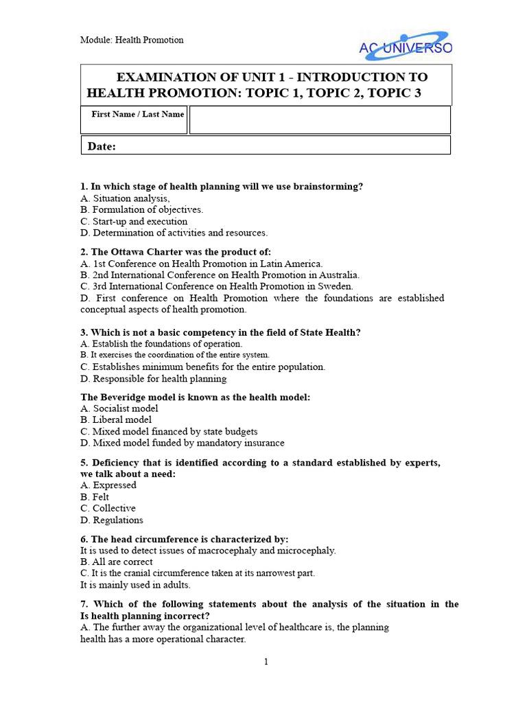 Exam Unit 1 Promotion | PDF | Health Care | Evaluation