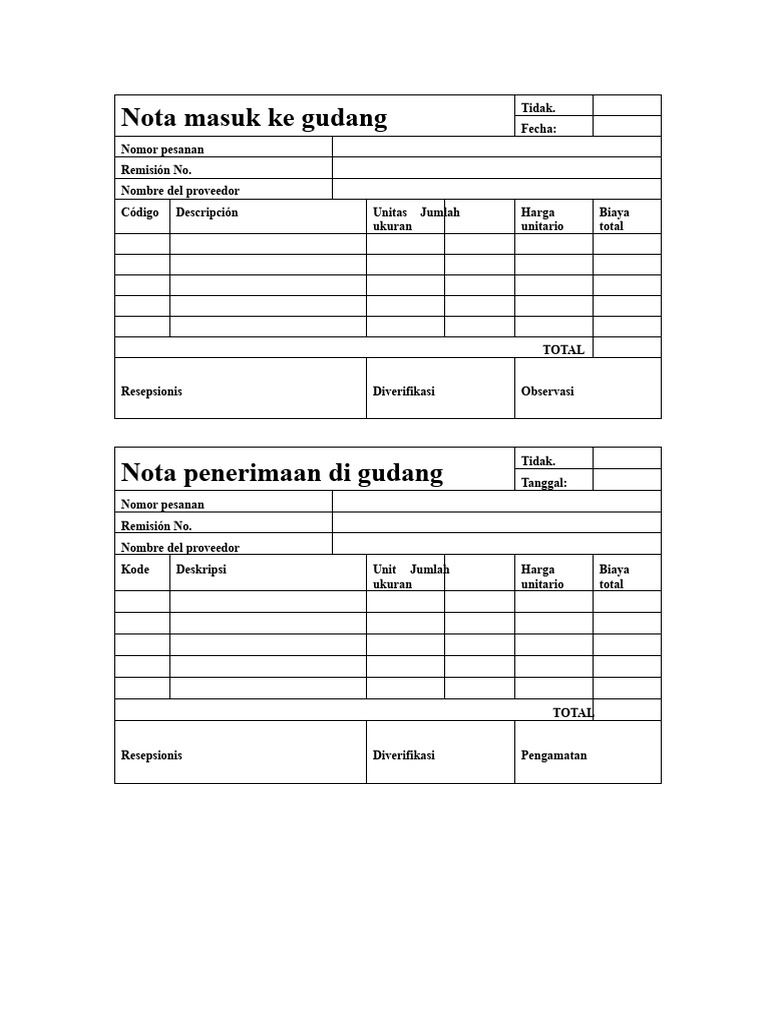 Format (Nota Masuk, Nota Keluar, Dan Kartu Kontrol) | PDF