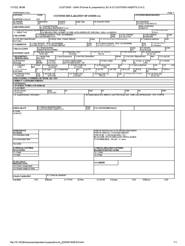 CUSTOMS - DAM (Form A) Prepared by SC & D CUSTOMS AGENTS S.A.C. | PDF