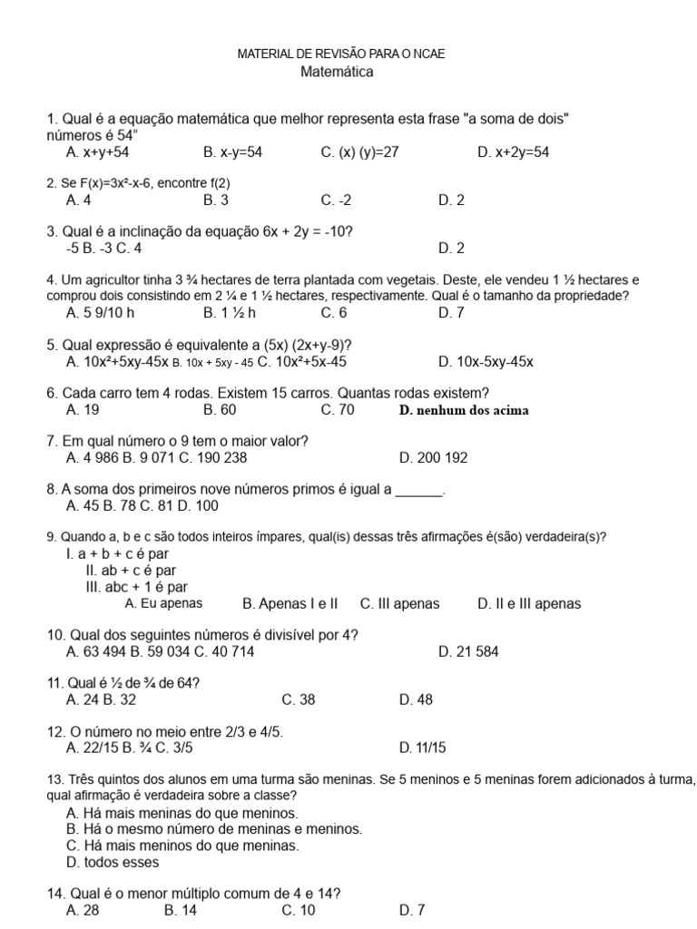 Revisão de Matemática para NCAE | PDF | Equações | Teoria dos Números