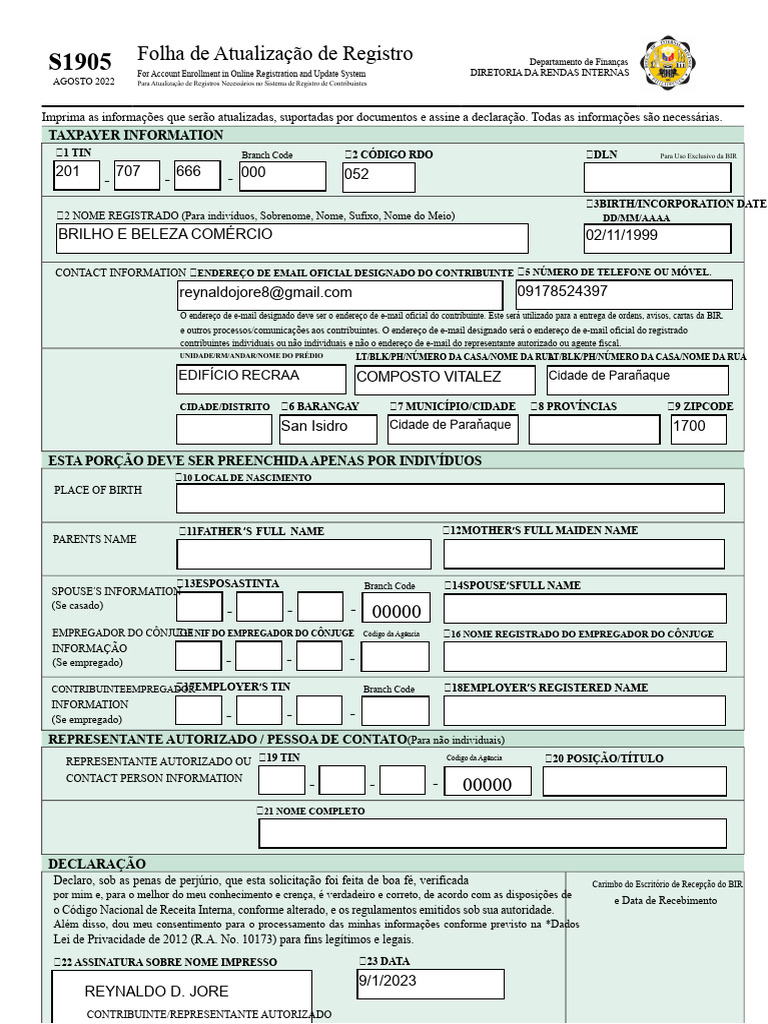 BIR S1905 - Folha de Atualização de Registro | PDF