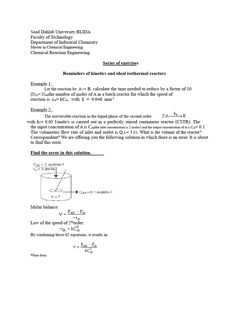 Chemical Reaction Engineering Exercises | PDF | Chemical Reactor ...