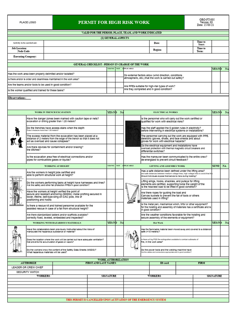 High-Risk Work Permit Checklist | PDF | Personal Protective Equipment ...
