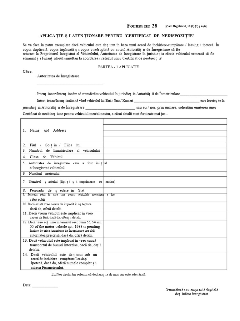 Formularul 28 - Cerere Pentru NOC RTO | PDF