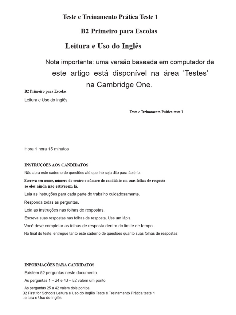 Prática de Teste B2 Primeiro para Escolas | PDF | Tempo | Moda