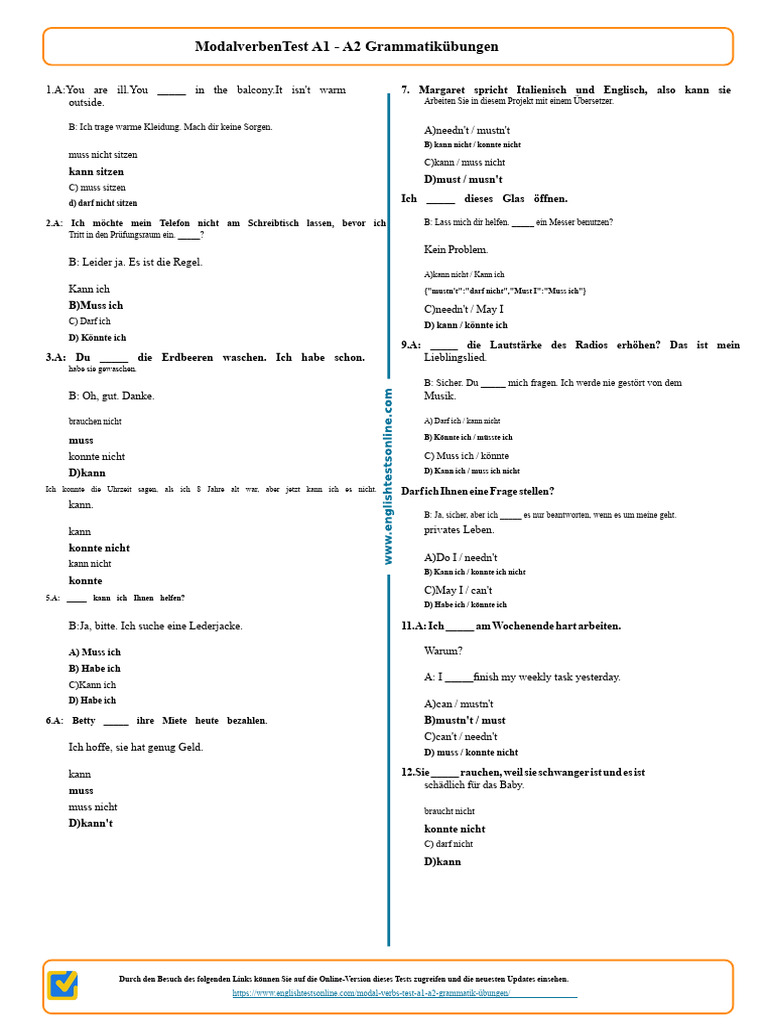461 - Modal Verbs Test A1 A2 Grammatik Übungen | PDF