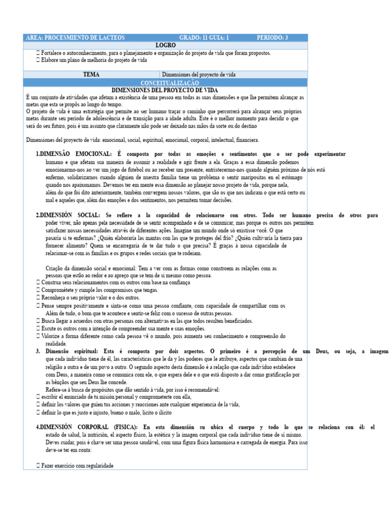 Tema 1 Dimensões Do Projeto de Vida | PDF | Emoções | Vida