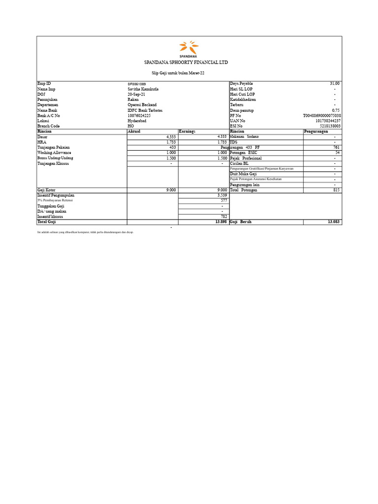 Slip Gaji Maret 2022 Spandana Sphoorty | PDF