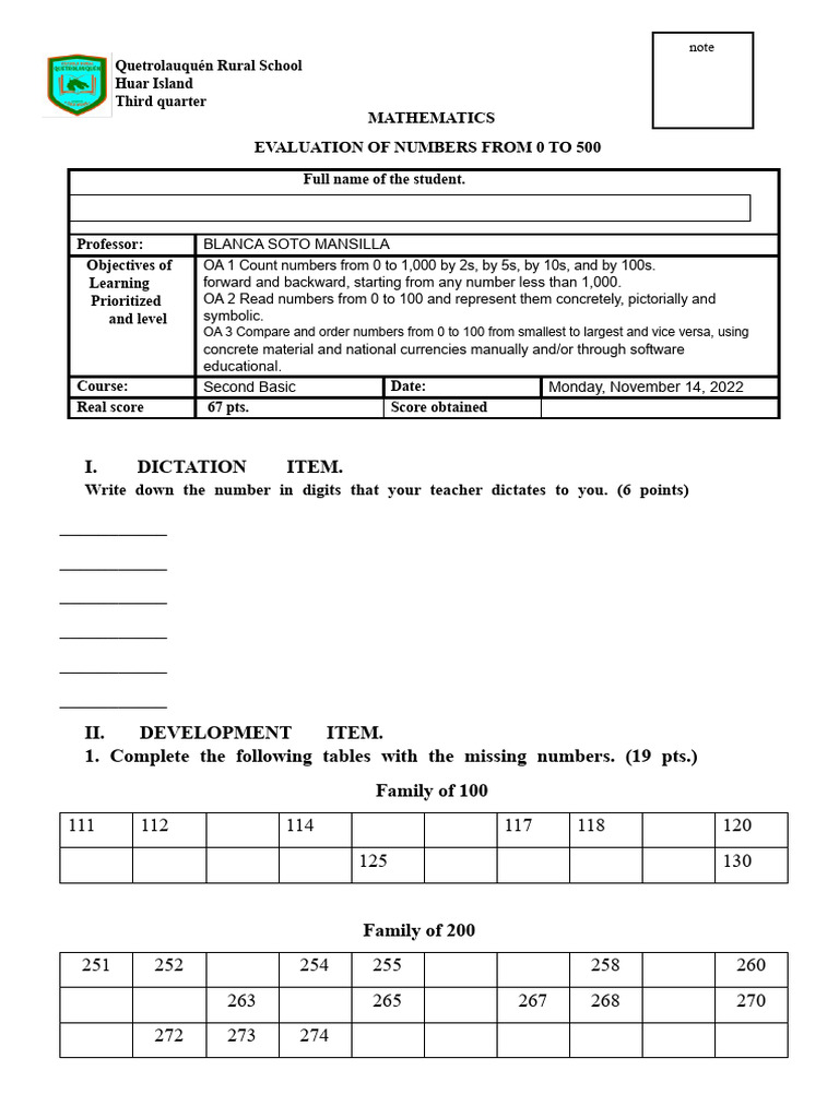 Mathematics Evaluation: Numbers 0-500 | PDF