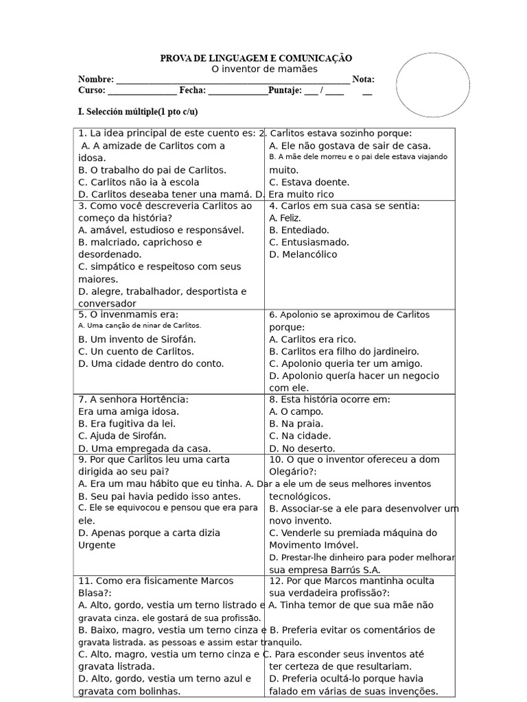 Prova de Linguagem e Comunicação: Carlitos | PDF