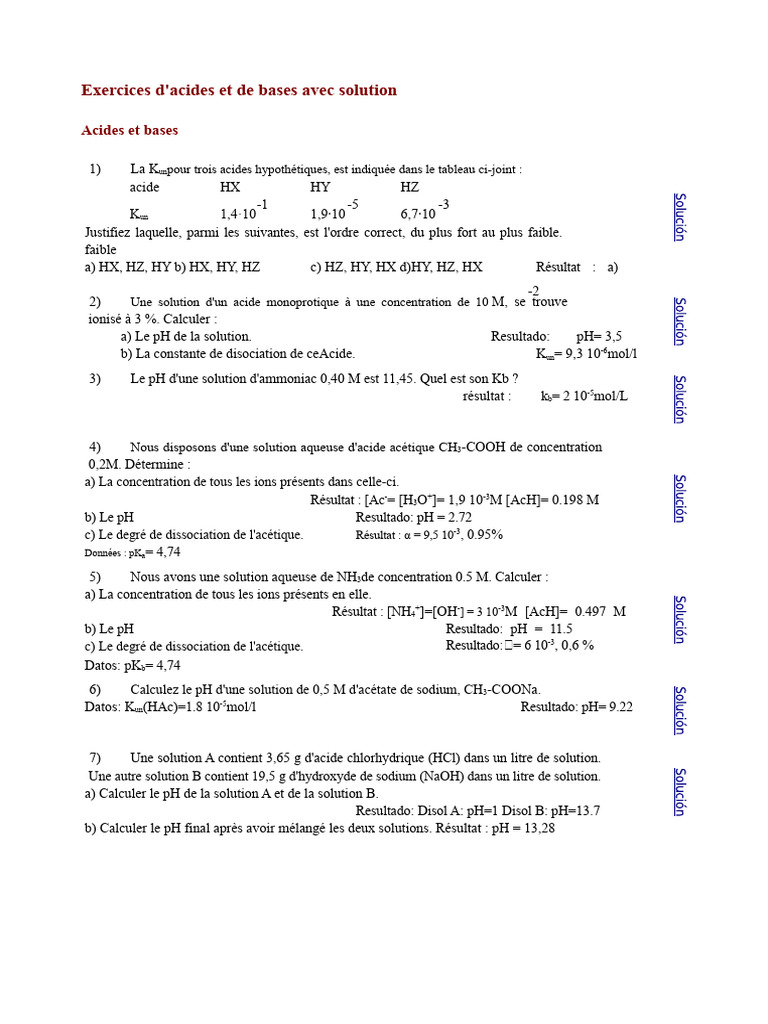 Exercices sur acides et bases avec solutions | PDF | Ph | Dissociation ...
