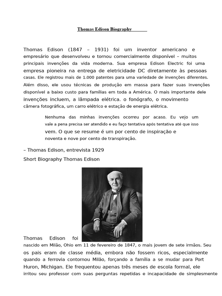 Biografia de Thomas Edison: Invenções e Vida | PDF | Thomas Edison ...