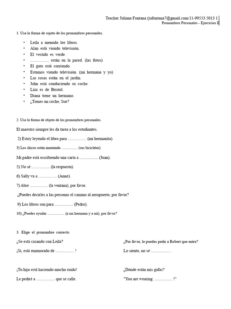 Ejercicios de Pronombres Personales | PDF | Pronombre