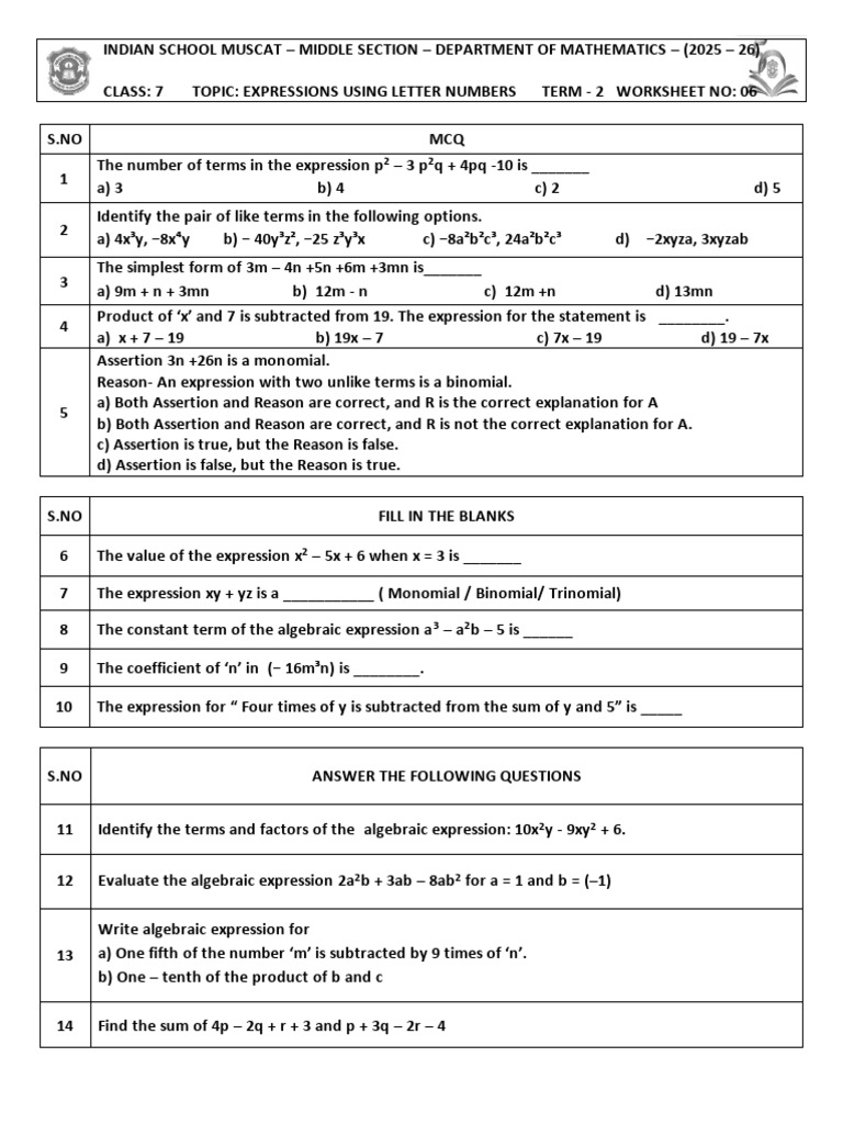 Class 7 - Expressions Using Letter Numbers | PDF | Abstract Algebra ...