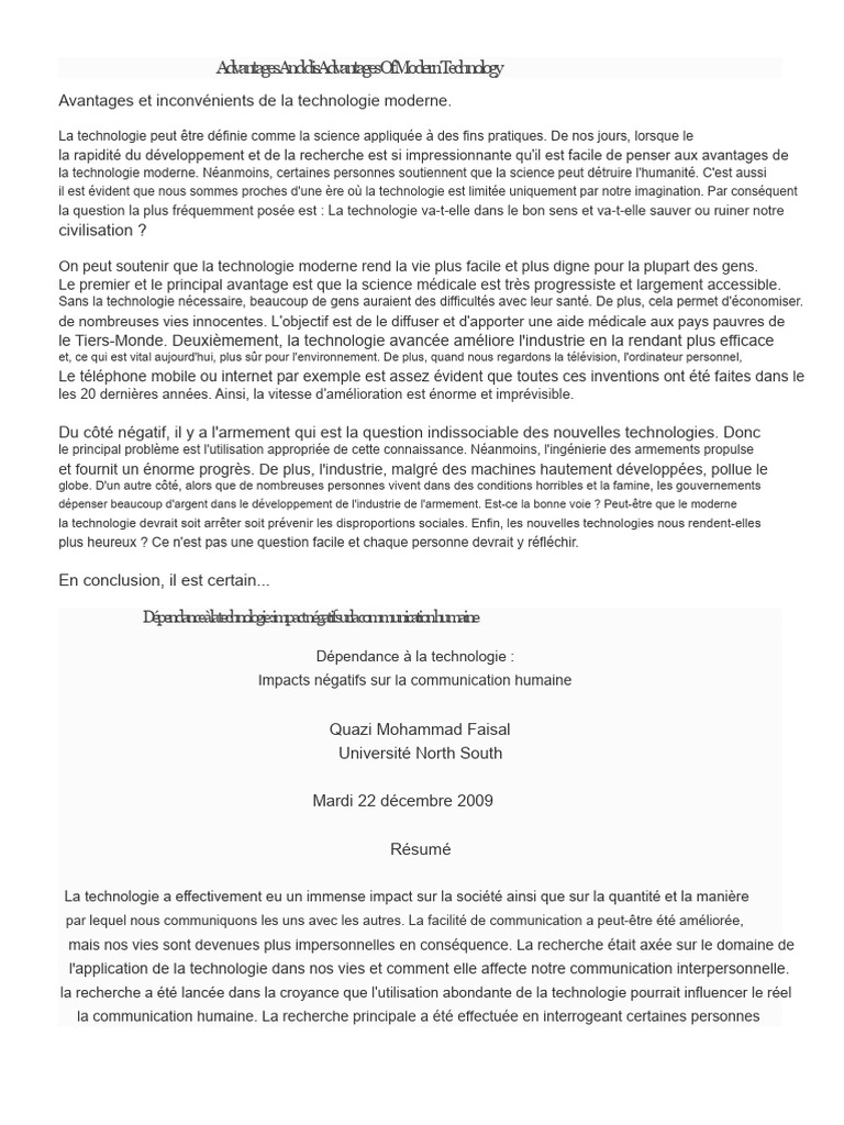 Avantages et inconvénients de la technologie moderne | PDF | Science ...