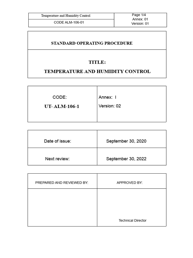 Temperature and Humidity Control SOP | PDF
