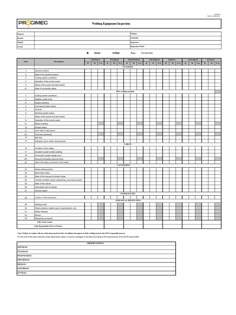 Welding Equipment Inspection Checklist | PDF | Welding | Construction
