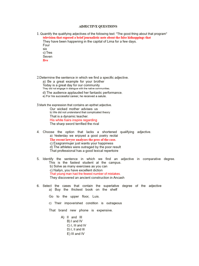 Adjective Usage and Identification Quiz | PDF | Adjective