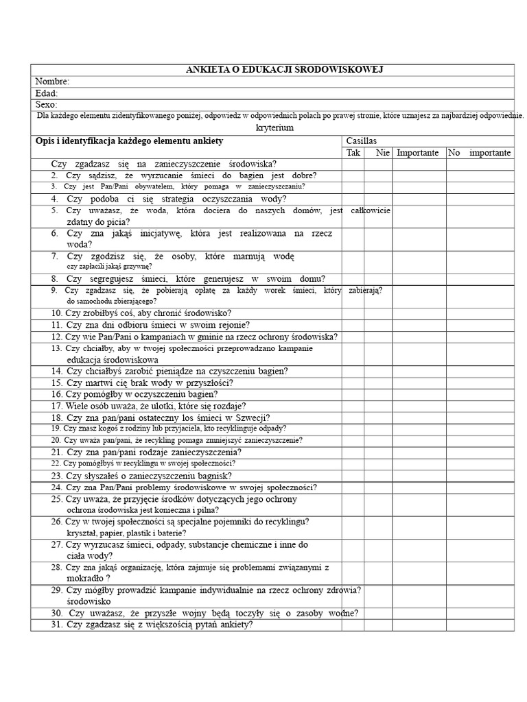 Ankieta Na Temat Edukacji Środowiskowej | PDF
