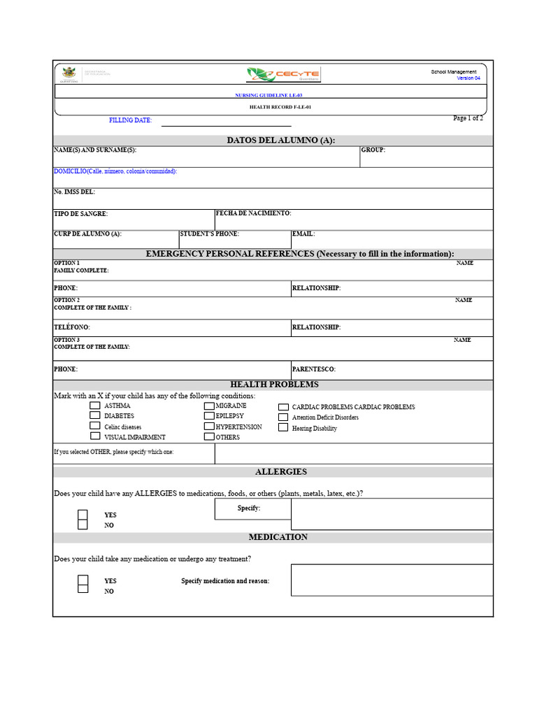 Health Record F-Le-01 Side A | PDF | Allergy | Diseases And Disorders