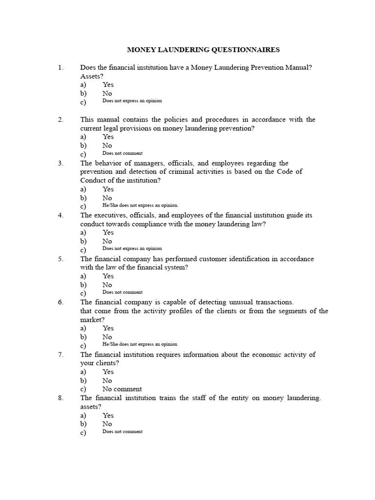 Questionnaire | PDF | Money Laundering | Audit