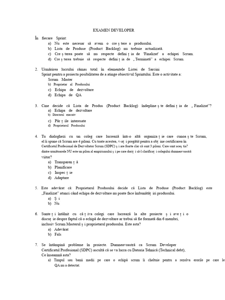 Examen Model Dezvoltator Scrum | PDF