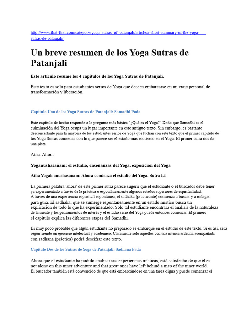 Resumen de los Yoga Sutras de Patanjali | PDF | Patanjali | Yoga