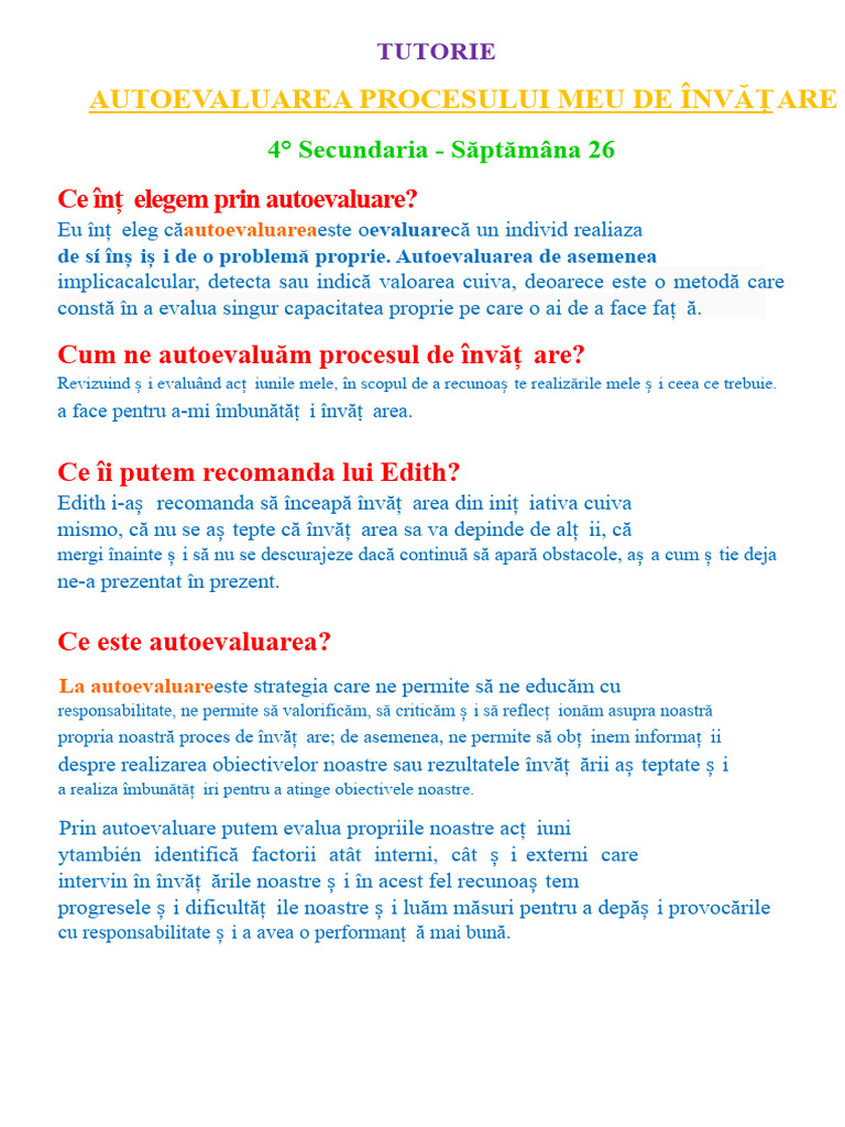 Autoevaluarea Procesului Meu de Învățare: Ce Înț Elegem Prin ...