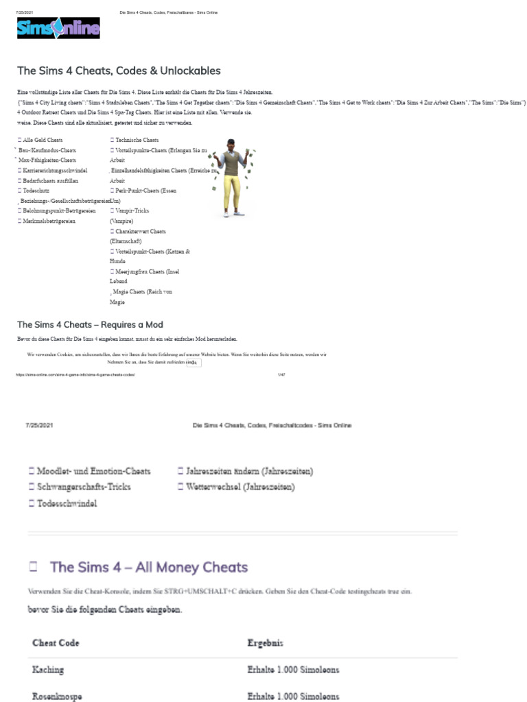 Die Sims 4 Cheats, Codes, Freischaltungen - Sims Online | PDF