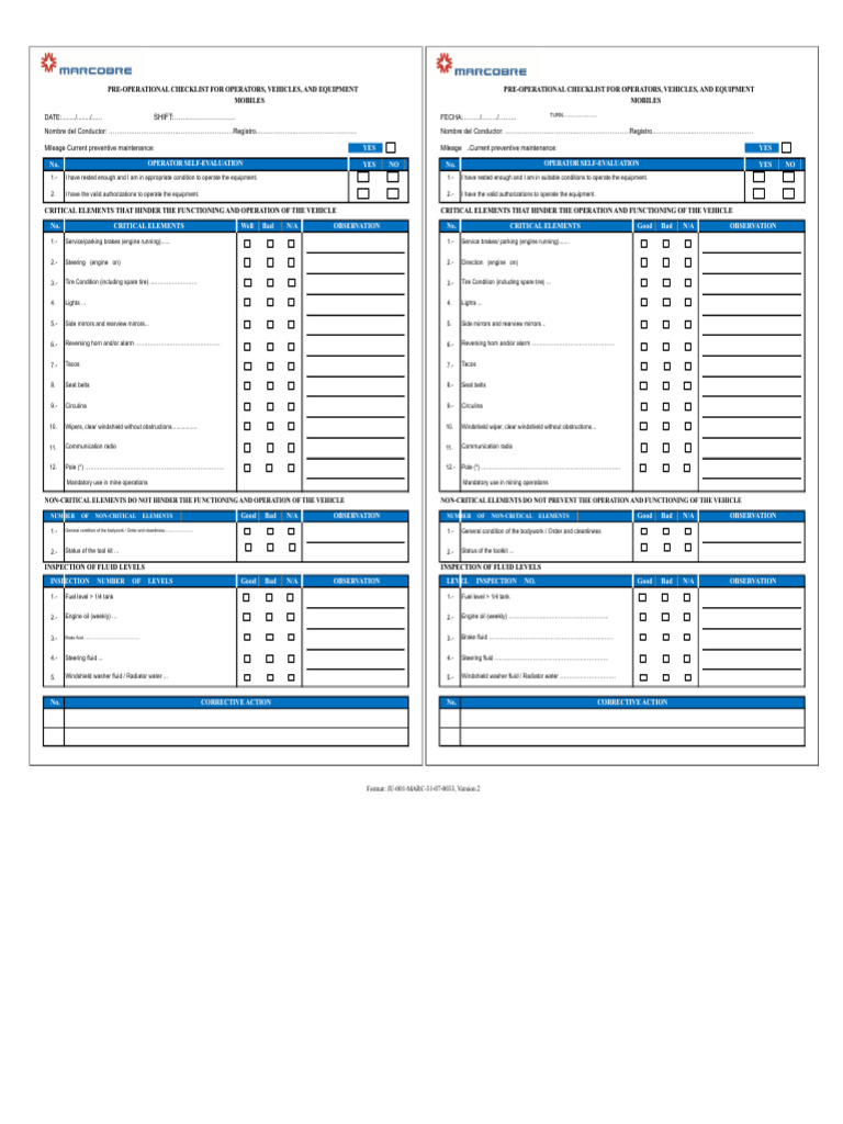 Pre-Operational Checklist for Equipment | PDF | Vehicles | Motor Vehicle