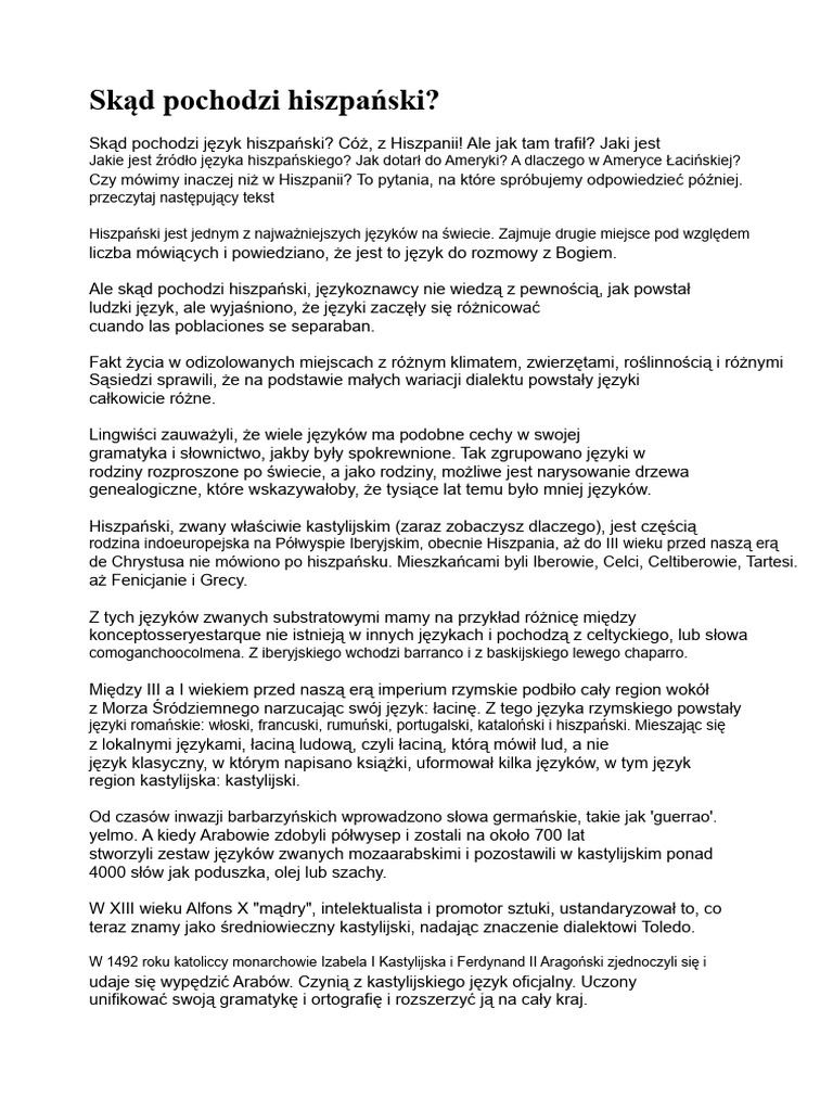 Skąd Pochodzi Hiszpański? | PDF