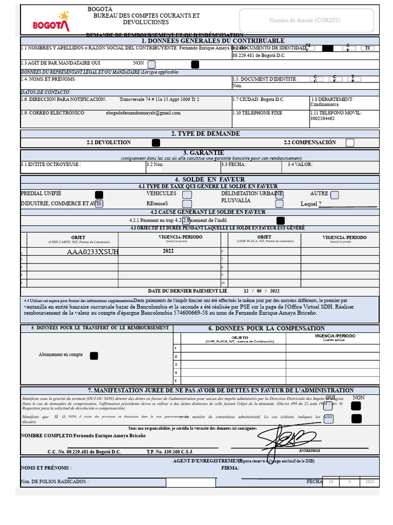 Demande de remboursement à Bogotá D.C. | PDF | Impôts | Document d'identité