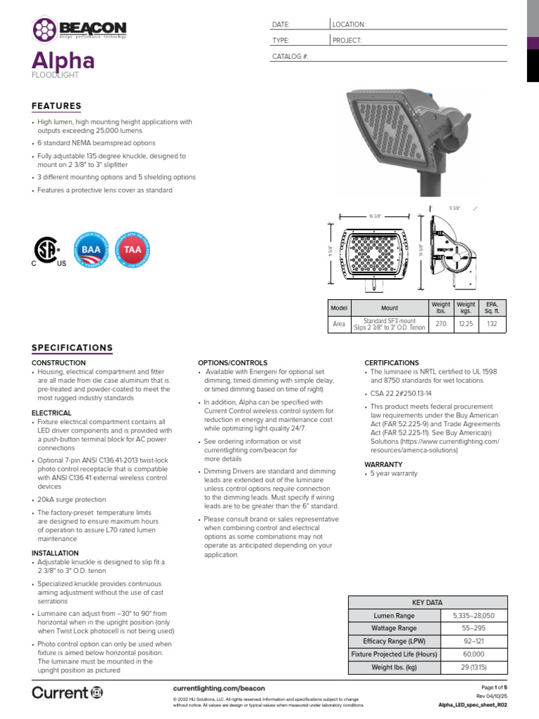 High Lumen Alpha Floodlight Specs | PDF | Electrical Engineering | Lighting