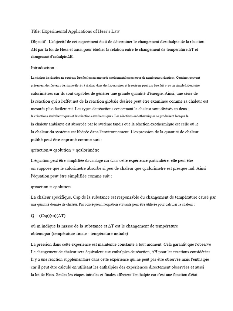 Applications expérimentales de la loi de Hess | PDF | Enthalpie ...