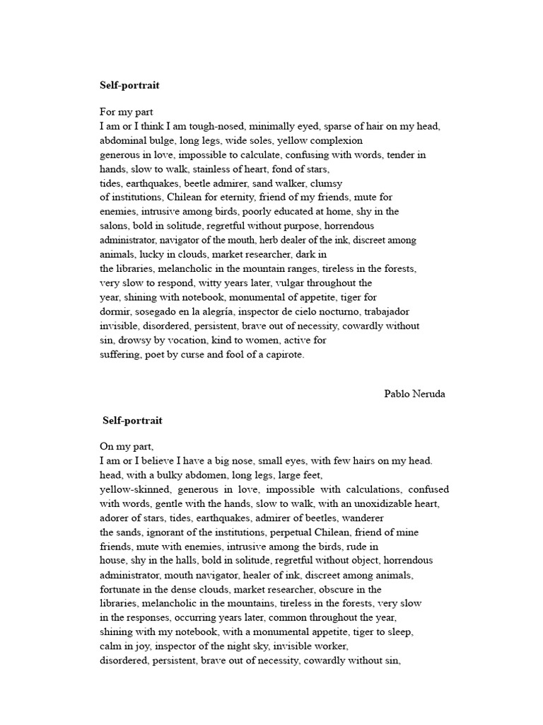 Pablo Neruda's Self-Portrait Poem | PDF