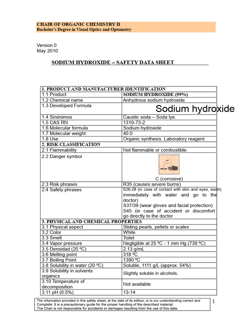 Safety Data Sheet NaOH | PDF | Sodium Hydroxide | Sodium