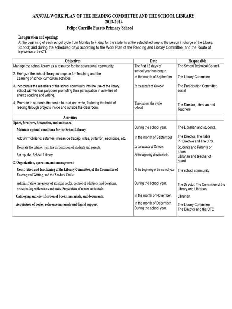 Annual Work Plan of The School Library 2011 | PDF | School Library ...