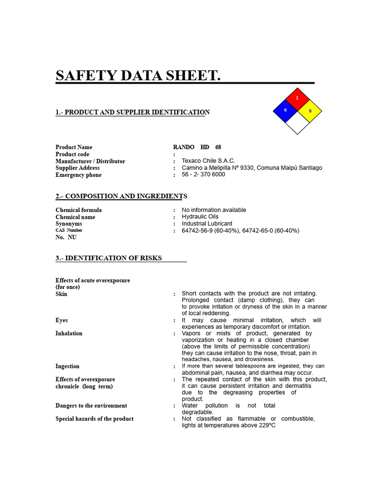 RANDO HD 68 Safety Data Sheet | PDF | Water | Fires