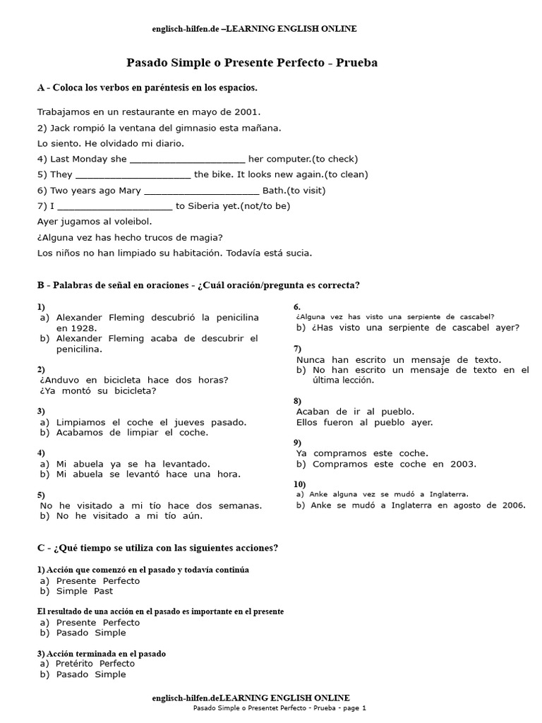 Prueba de Pasado Simple y Presente Perfecto | PDF | Verbo | Mecánica ...