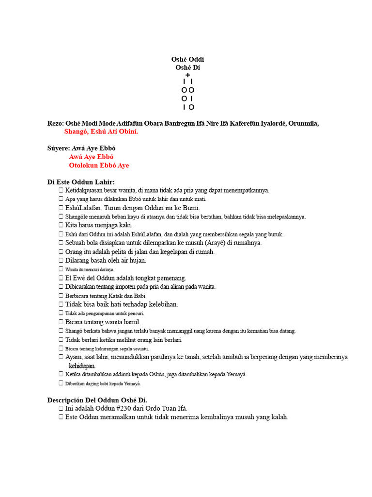Ramalan Ifá: Oddun Oshé Dí dan Ebbó | PDF
