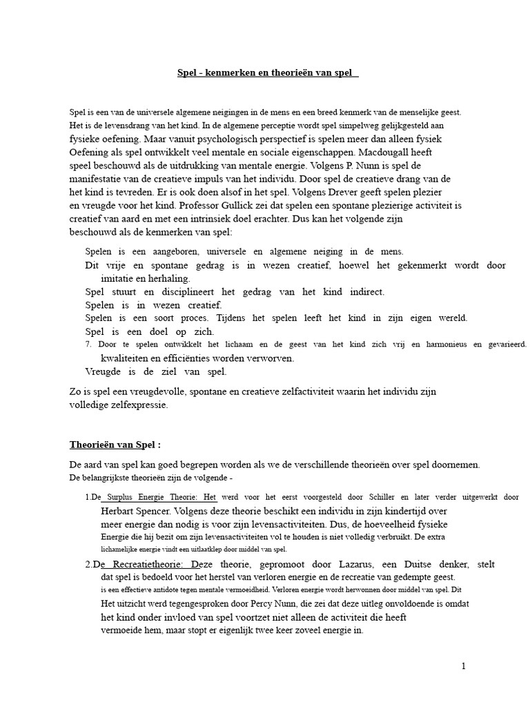 Speelkenmerken en Theorieën Over Spel | PDF