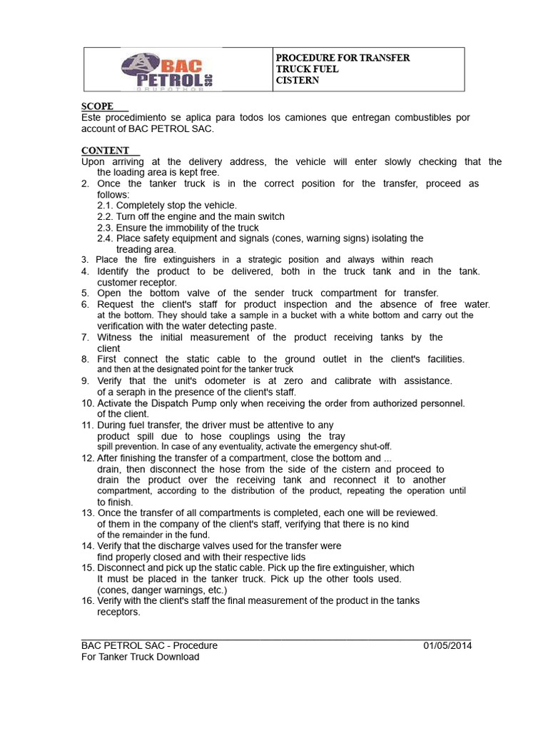 Fuel Transfer Procedure for Tanker Trucks | PDF | Oil Tanker