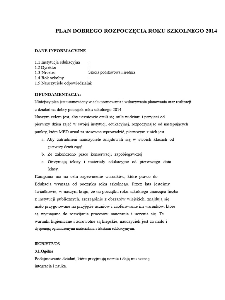 Plan Dobrego Rozpoczęcia Roku Szkolnego | PDF