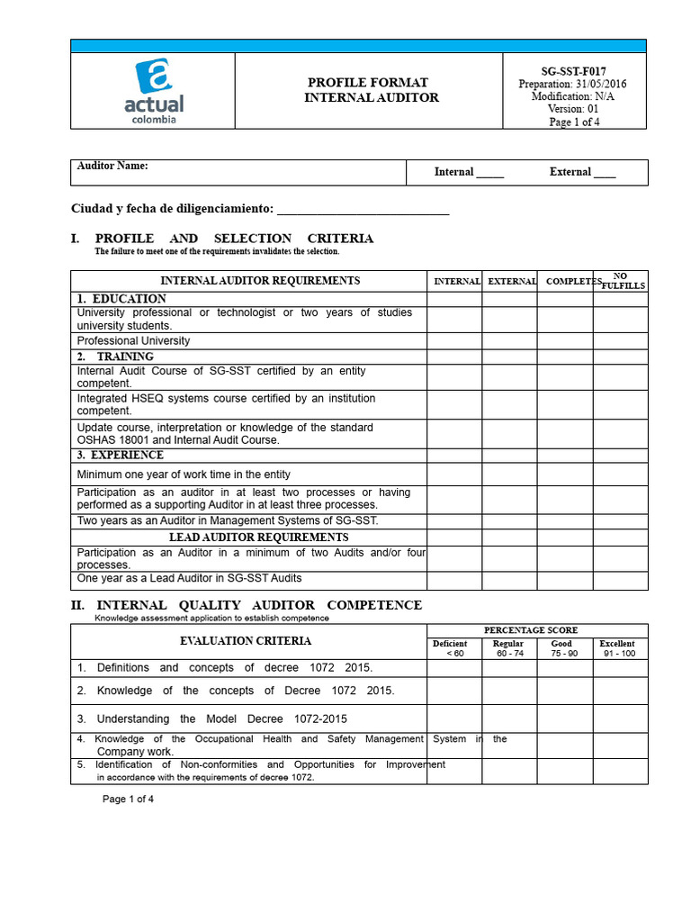 SG-SST-F017 Internal Auditor Profile Format | PDF | Audit | Internal Audit
