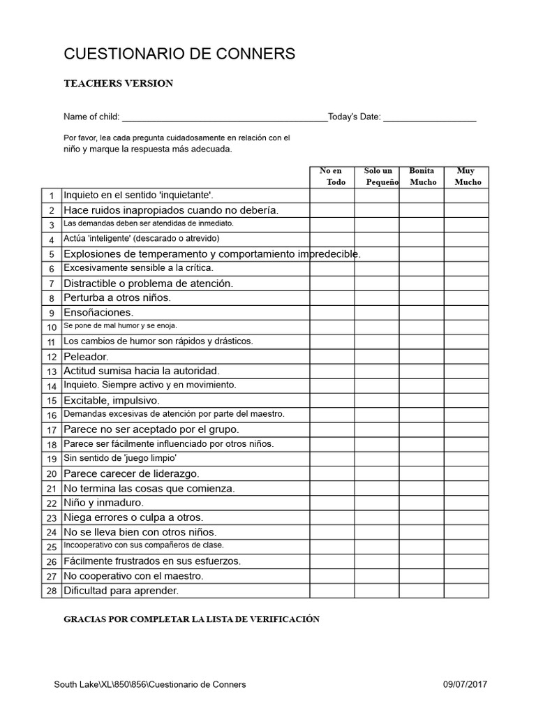 Cuestionario de Conners | PDF